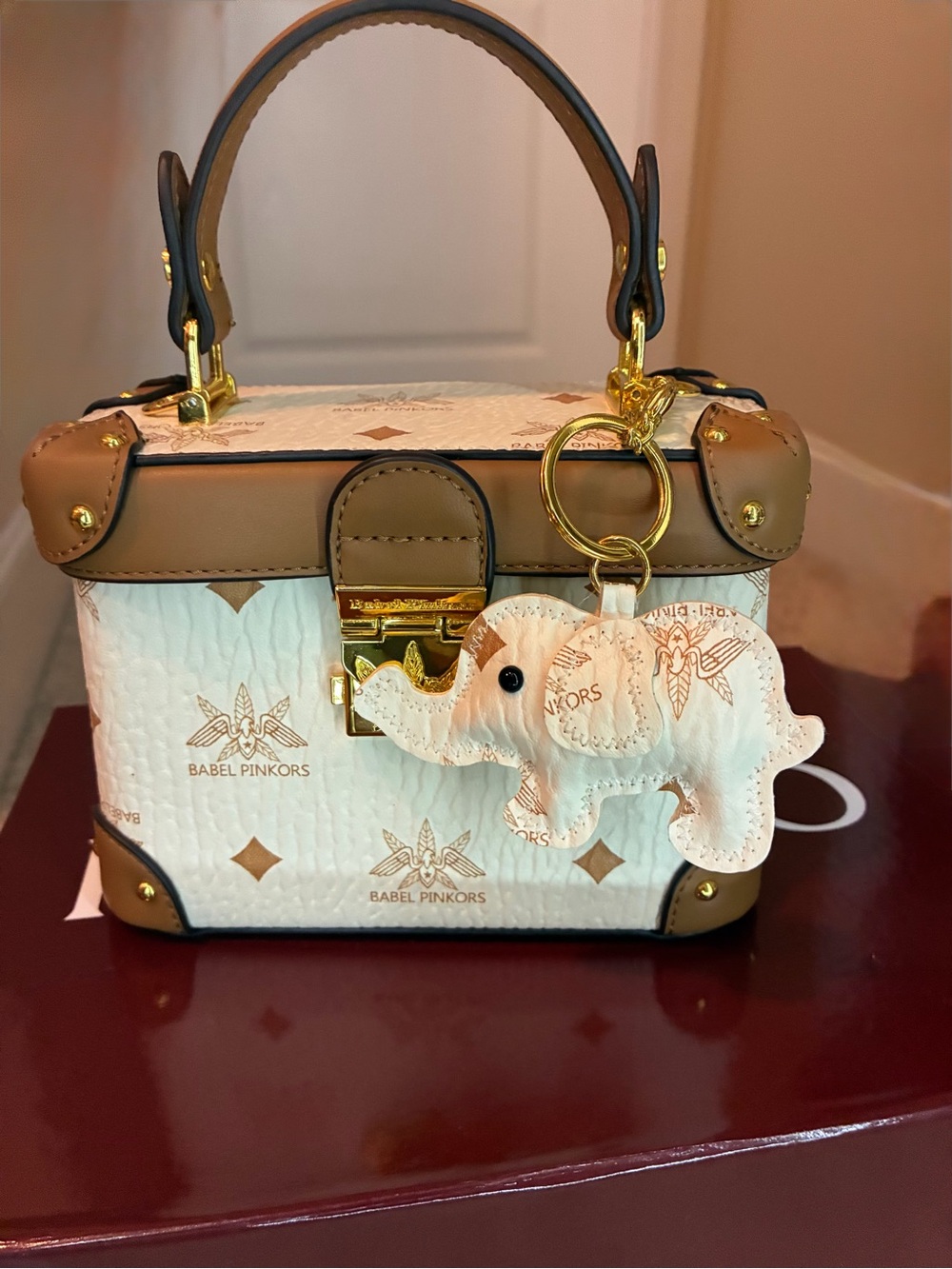 Source Unknown White and Tan Structured Mini Top-Handle Bag with Elephant Charm